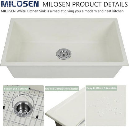 MILOSEN White Undermount Kitchen Sink, 28×18 inch White Granite Composite Kitchen Sinks, 9'' Depth Deep and Large Quartz Sink with Accessories, Pure White Single Bowl Large Capacity Basin for Kitchen