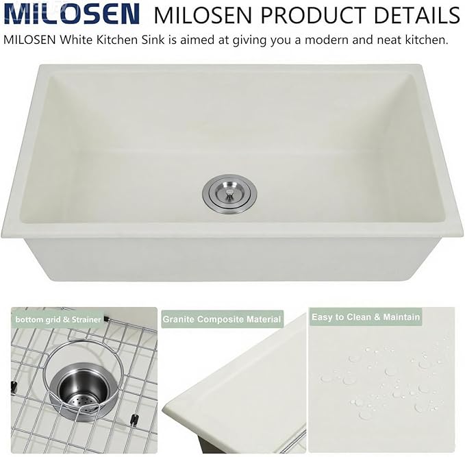 MILOSEN White Undermount Kitchen Sink, 30"x18" Granite Composite Single Bowl Kitchen Sinks, 9" Deep Large Undermount/Drop In Sink with Accessories, White Quartz Kitchen Sinks for Modern Kitchen