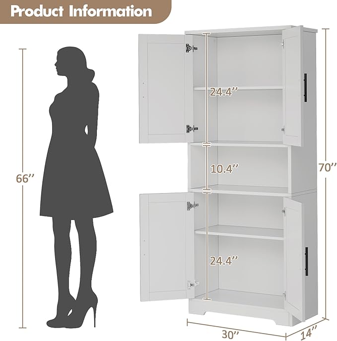 IDEALHOUSE Kitchen Pantry Cabinet, 70in Tall Storage Cabinet with Doors and Adjustable Shelves, Freestanding Cupboard for Living Room, Dining Room, Bathroom (White)