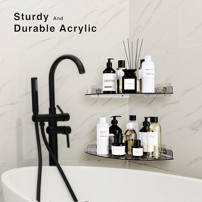 Bakzon Acrylic Corner Shelves, 2 Pack Adhesive Shower Caddy Organizer for Tile Walls, Wall Mounted Clear Bathroom Shelves for Inside Shower & Kitchen Storage