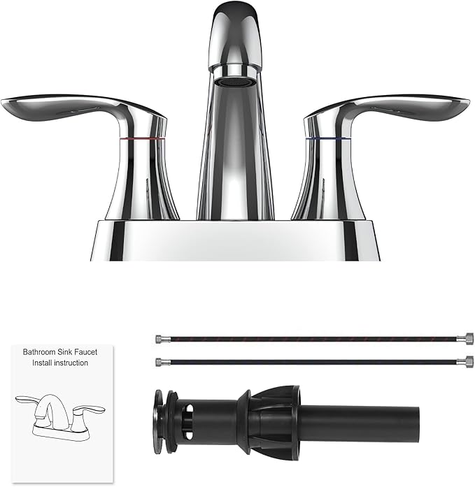 Bathroom Faucet, 4 Inch Bathroom Faucets for Sink 3 Hole, Centerset Bathroom Sink Faucet with Pop Up Drain and cUPC Lead-Free Hose(Chrome)