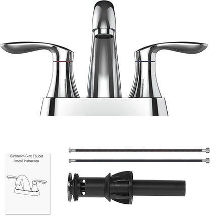 Bathroom Faucet, 4 Inch Bathroom Faucets for Sink 3 Hole, Centerset Bathroom Sink Faucet with Pop Up Drain and cUPC Lead-Free Hose(Chrome)