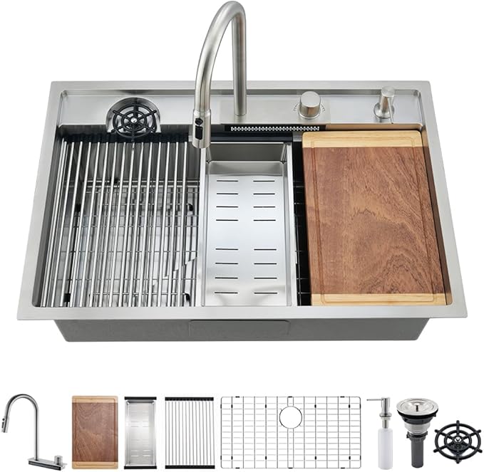 33 Inch Drop In Kitchen Sink Workstation-VASOYO 33x22 Waterfall Kitchen Sink Drop In Stainless Steel Topmount Kitchen Sink 16 Gauge Single Bowl Deep Smart Sinks with Faucet Combo