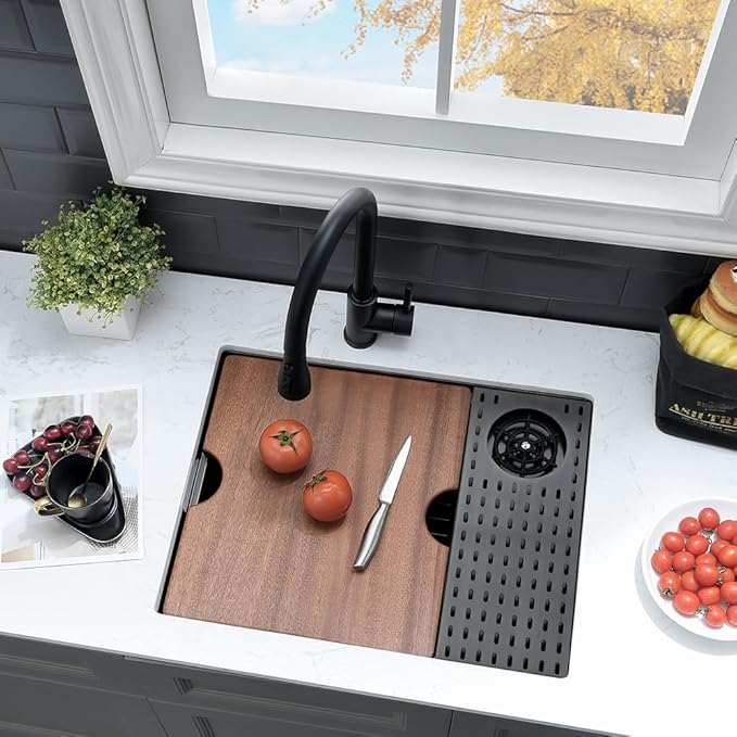 24 Inch Black Undermount Kitchen Sink with Glass Rinser-VASOYO 24x19 Black Kitchen Sink Undermount Workstation Wet Bar Sinks 16 Gauge Deep Single Bowl with Cup Washer