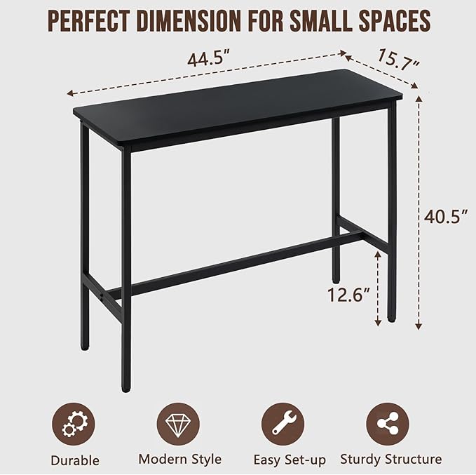 44.5" Bar Table, Pub Table with Adjustable Feet Floor Protector, Narrow Rectangular Kitchen Counter Dining Tables, Sofa High Top MDF Tables with Sturdy Metal Legs, Black
