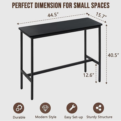 44.5" Bar Table, Pub Table with Adjustable Feet Floor Protector, Narrow Rectangular Kitchen Counter Dining Tables, Sofa High Top MDF Tables with Sturdy Metal Legs, Black