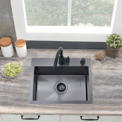 20x16 Black Bar Sink Drop In,16 Gauge Overmount Small RV Sink Stainless Steel Black Kitchen Sink Top Mount Outdoor Single Bowl Prep Sink