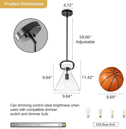 GoYeel Black Glass Pendant Light 9.8", Farmhouse Hanging Lighting 1 Light Kitchen Island Light Fixtures with Funnel Glass Shade for Kitchen Over Dining Table, E26 Base,Adjustable Height,Dimmable