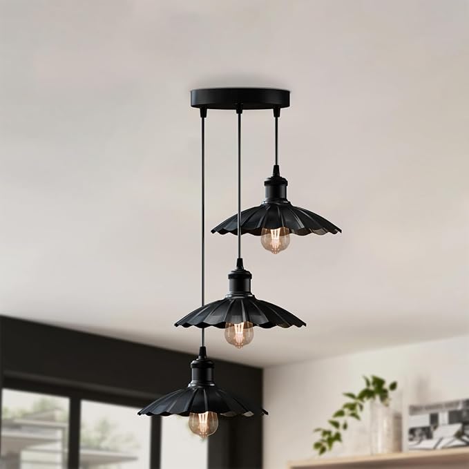 3-Lights Industrial Pendant Light with E26 Base Metal Umbrella Shade Pendant Lighting Adjustable Industrial Retro Style Hanging Light Fixture for Kitchen, Farmhouse (3 Way Black)