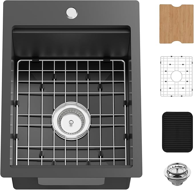 Black 15x20In Kitchen&Bar Workstation Sink- Small Stainless Steel Drop In Single Bowl Bar Sink Built-in Ledge Topmount Workstation Sink With Accessory-SS Grid Cutting Board,Silicon Mat,Drain Assembly