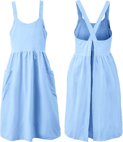 Uaussi Cotton Linen Apron Cross Back Work Apron for Women with Pockets Pinafore Dress X Cross Halter Apron for Chef Gardening