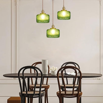 Lighting Green Pendant Light Mid Century Modern Hanging Light with Green Striped Glass Shade Vintage Kitchen Island Pendant Lights Gold Ceiling Pendant Light for Dining Room Bedroom