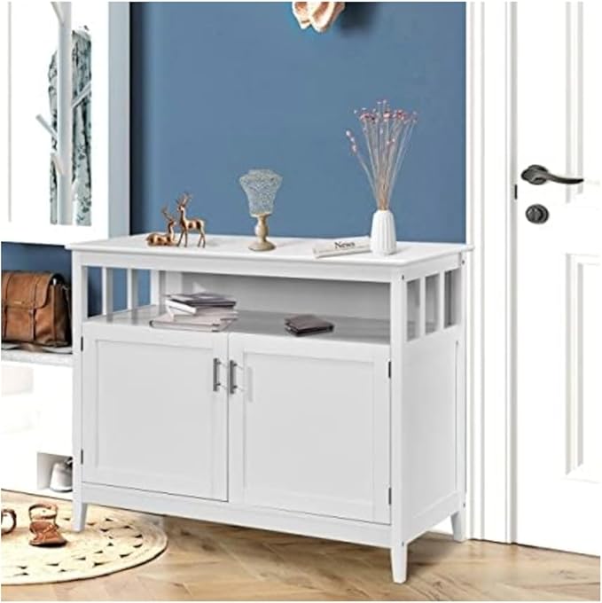 Sideboard Buffet Storage Cabinet Wood Kitchen Cupboard Server Console Island Table 2 Doors Storage Chest with Top Open Shelf (White)