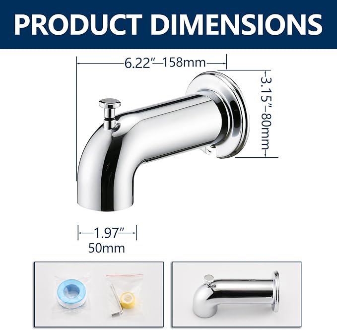 Slip-On Tub Spout with Diverter Long for Bathtub Spout, Fit for 1/2 Inch Slip Pipe, Chrome