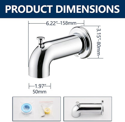 Slip-On Tub Spout with Diverter Long for Bathtub Spout, Fit for 1/2 Inch Slip Pipe, Chrome