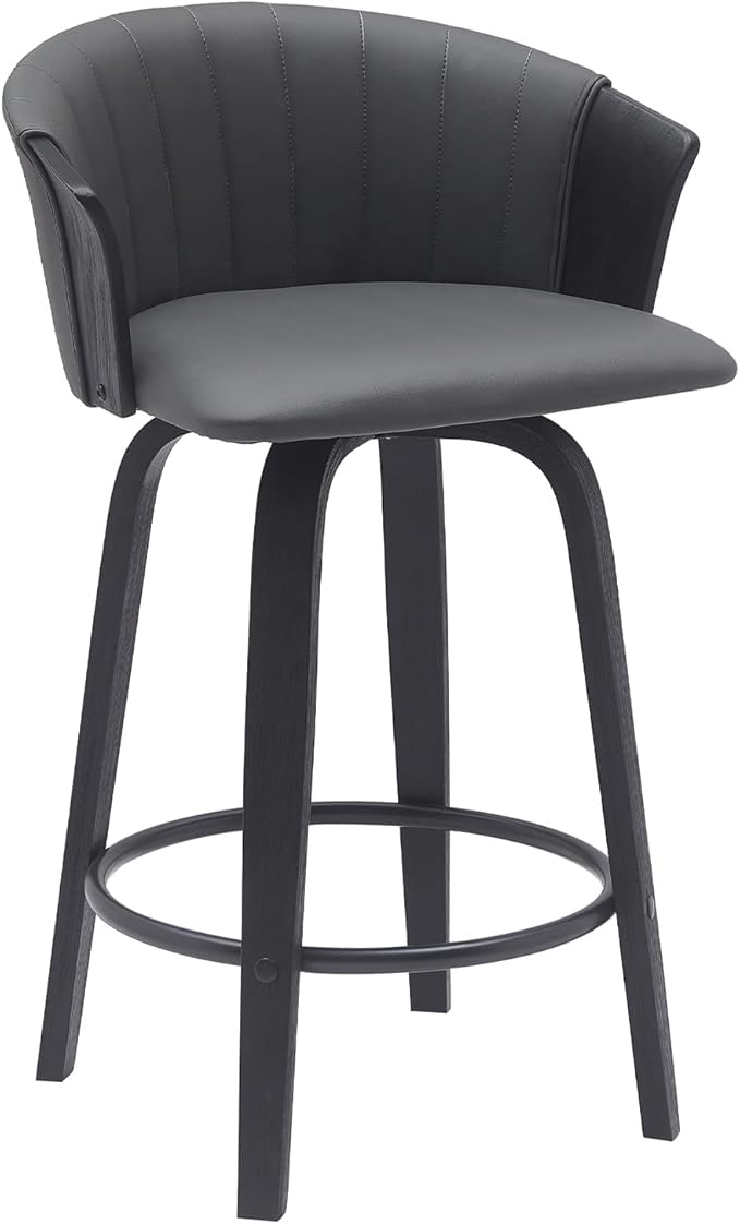 Armen Living Diana 26" Seat Height Mid Century Modern Swivel Black Wood Bar Stool for Kitchen Island Counter in Gray Faux Leather