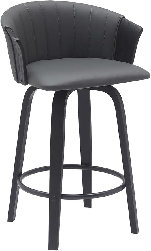 Armen Living Diana 26" Seat Height Mid Century Modern Swivel Black Wood Bar Stool for Kitchen Island Counter in Gray Faux Leather