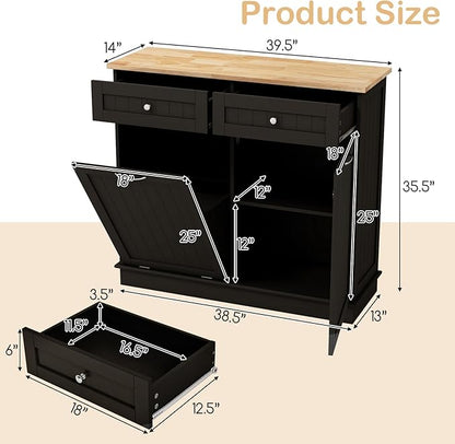 Giantex Tilt Out Trash Can Cabinet, Kitchen Island Table w/RubberWood Top, 2 Drawers, Adjustable Shelf for Hidden Laundry Hamper, Pet Proof Garbage Can for Dining Living Room (Brown, 15.5 Gal)
