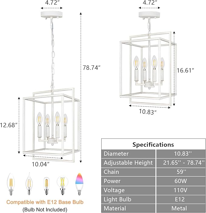 4-Light Farmhouse Chandelier, Rustic Lantern Foyer Lighting Fixtures, Adjustable Metal Antique White Hanging Pendant Light for Dining Room Entryway Kitchen Island Staircase