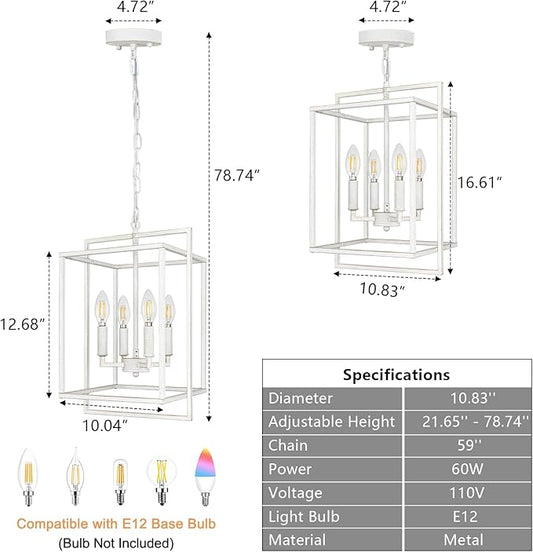 4-Light Farmhouse Chandelier, Rustic Lantern Foyer Lighting Fixtures, Adjustable Metal Antique White Hanging Pendant Light for Dining Room Entryway Kitchen Island Staircase