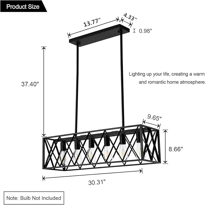 Farmhouse Chandelier for Dining Room Kitchen Island Pendant Lighting 6-Light Black Metal Industrial Bar Chandelier Vintage Hanging Rectangle Linear Light Fixtures