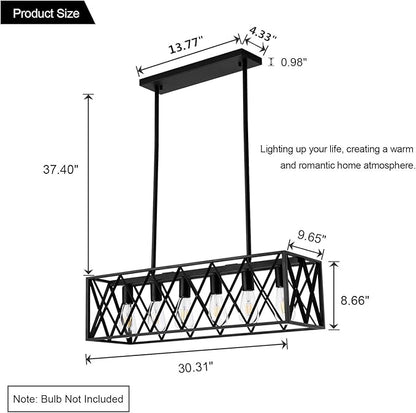 Farmhouse Chandelier for Dining Room Kitchen Island Pendant Lighting 6-Light Black Metal Industrial Bar Chandelier Vintage Hanging Rectangle Linear Light Fixtures