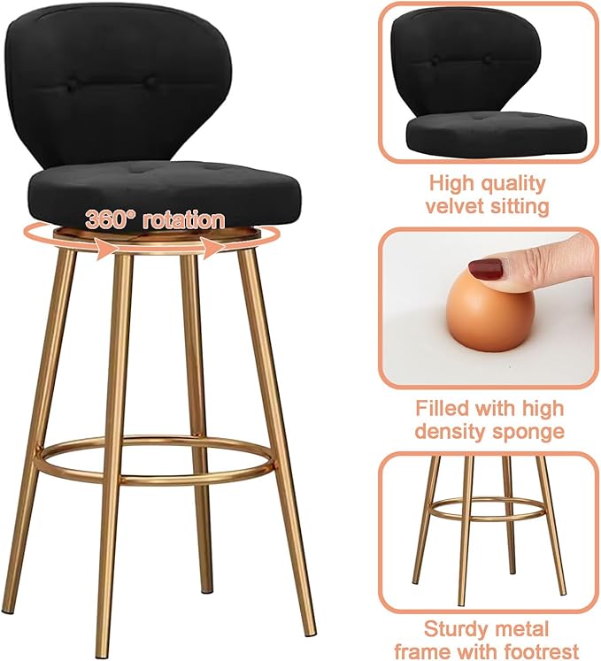 Counter Height stools Set of 2, 360° s with Back and Footrest, Thickened Upholstered Cushion, Tall Chairs for Kitchen Island, Dining Room, Home, Cafe,Black-Sitting Height 75cm