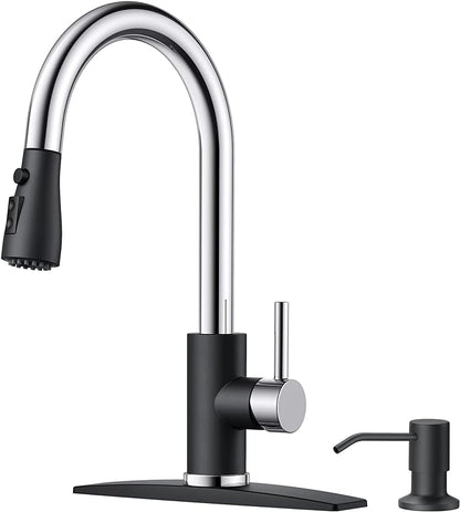 FORIOUS Kitchen Faucets with Soap Dispenser and Pull Down Sprayer, Bar High Arc Single Handle Classic 3 Modes Stainless Steel Faucet for Kitchen Sink Farmhouse RV Laundry Camper, Black Chrome