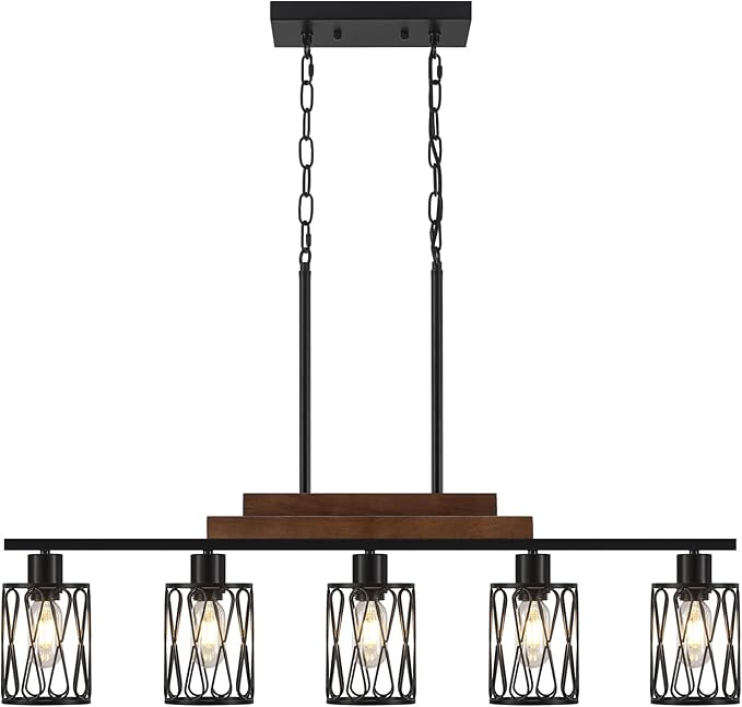 5-Light Farmhouse Kitchen Island Lighting Dining Room Light Fixture Over Table Matte Black Rustic Wood Hanging Kitchen Chandelier with Metal Shade Adjustable Height Pendant Lights for Dining Room