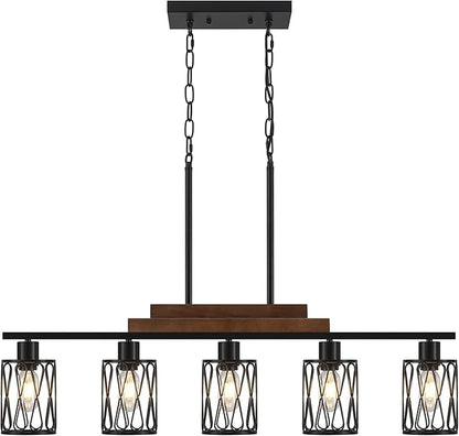 5-Light Farmhouse Kitchen Island Lighting Dining Room Light Fixture Over Table Matte Black Rustic Wood Hanging Kitchen Chandelier with Metal Shade Adjustable Height Pendant Lights for Dining Room