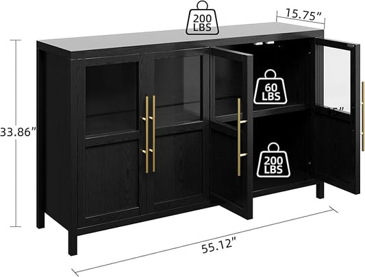 Garvee 55“ Large Buffet Cabinet with Storage, Sideboard Buffet Cabinet with Glass Doors, Modern Farmhouse Storage Cabinet Table for Kitchen Dining Room, Living Room (Black, Glass with 4 Doors)