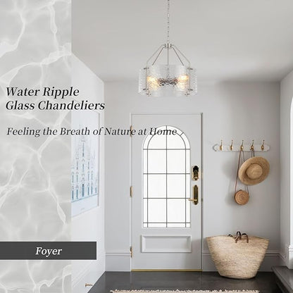 Glass Drum Chandelier for Dining Room 18'' Brushed Nickel Entryway Light Fixture 4-Light Kitchen Chandeliers Over Table Bedroom Light Fixture for Living Room Hallway Foyer Kitchen