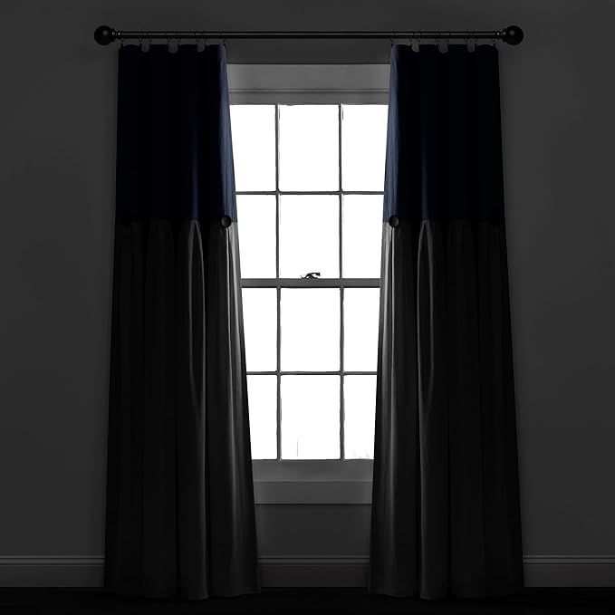 Lush Decor Linen Button Window Curtain Panel, Single, 40" W x 84" L, Navy & White - Country Curtains - Rustic Decor - Color Block Modern Curtains For Living Room, Bedroom & Dining Room - 100% Blackout