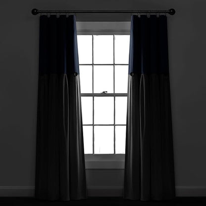 Lush Decor Linen Button Window Curtain Panel, Single, 40" W x 84" L, Navy & White - Country Curtains - Rustic Decor - Color Block Modern Curtains For Living Room, Bedroom & Dining Room - 100% Blackout