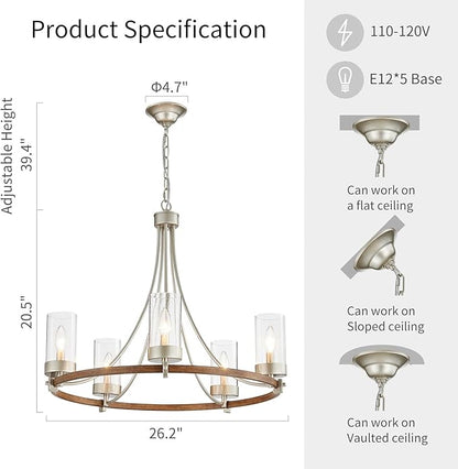 WUZUPS 5-Light Wagon Wheel Chandelier Rustic Farmhouse Industrial Round Pendant Light Fixture with Clear Seeded Glass Shades for Dining Room Kitchen Island, Imitation Wood Grain Nickel