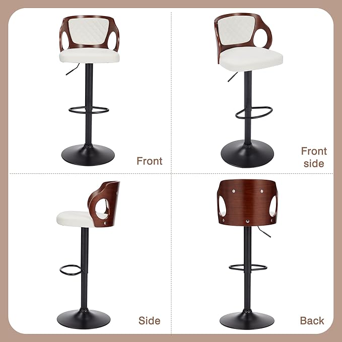 VECELO Swivel Bar Stools Set of 2, Adjustable Counter Height Stools with Bentwood Back, Armrest, Footrest & PU Leather Seat, Modern Bar Chairs for Kitchen Island, Black, Pearl White