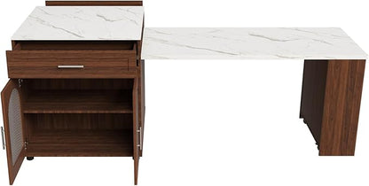 GOWE 80-inch Expandable Kitchen Island with Dining Table, Marble-Grain Countertop with Power Outlet, Mobile Storage Cart with Cabinet & 2 Drawers, Walnut Finish Kitchen Prep Table