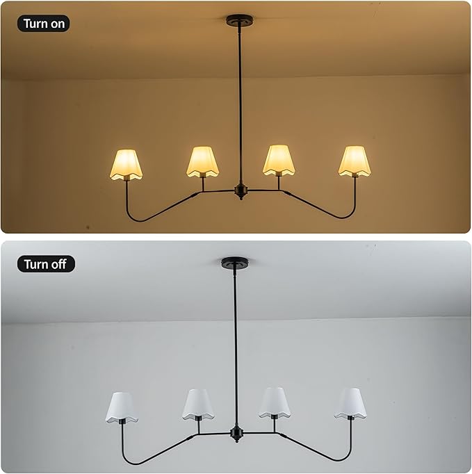 MAYNA 47" Modern Linear Chandeliers for Dining Room, 4-Light Black Kitchen Island Pendant Lighting with White Fabric Shades, Adjustable Height Dining Room Light Fixture, E12 Base