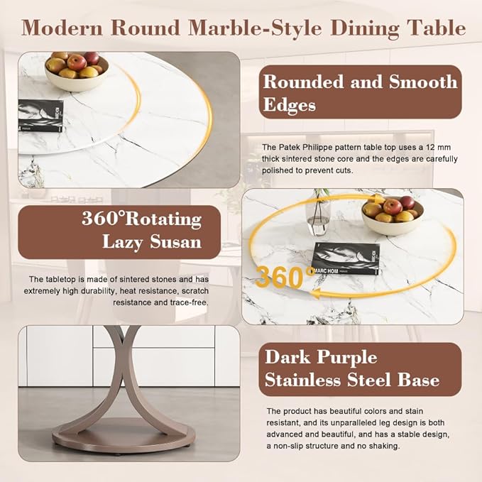 Modern Sintered Stone Dining Table for 4-6, Luxury Rectangular Kitchen Dinette with Faux Marble Top & Heavy-Duty Metal Legs, Heat-Resistant Furniture for Dining Room (53" + 6 Chairs)