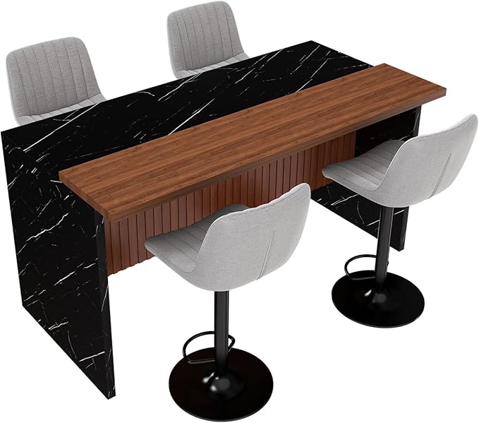 63" Modern Kitchen Island Set with 4 Gray Stools Black Marble Look, LED Lighting & Grill Design for Dining Room, Open Concept Spaces, Lounge Elegance