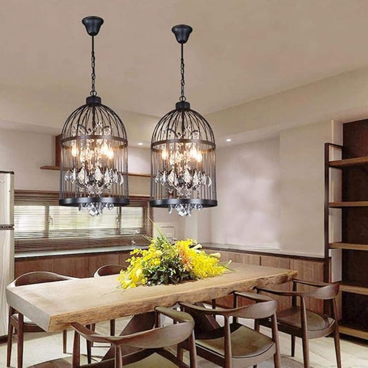 4-Lights Industrial Vintage Pendant Lighting, with Black Metal Birdcage Shade, Crystal Ceiling Chandelier Adjustable Hanging Lamp Fixture for Kitchen Island Living Room Hallway Bar