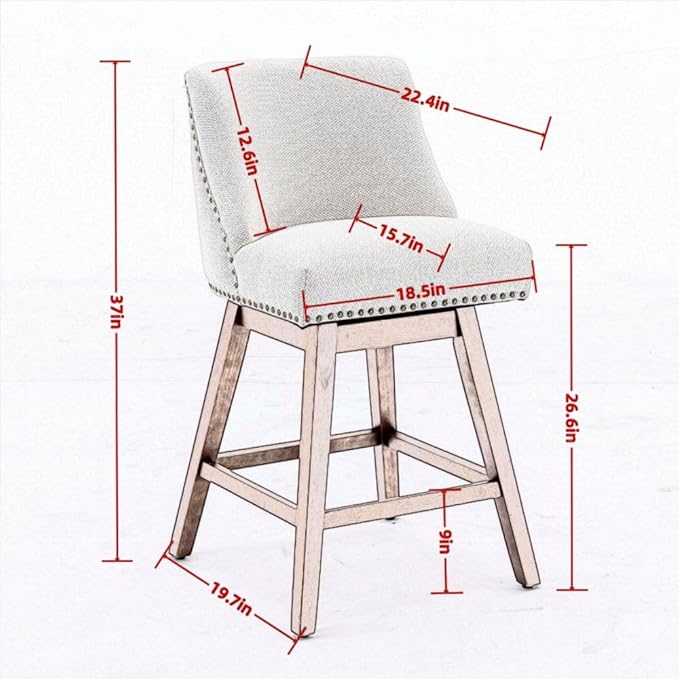 Comfortable Upholstered Swivel Bar Stool with Wooden Legs and Soft Fabric Seat for Kitchen Island or Home Bar Use (Gray + Wood+Fabric + Foam)