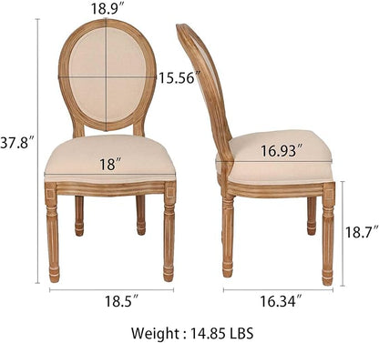 LZMS Vintage Dining Chairs Set of 2, Vintage Farmhouse Style Rubber Wood Room Chairs, Round Back, Solid Wood Frame, Beige Fabric Upholstery French Country Chairs for Kitchen, Bedroom, Dining Room
