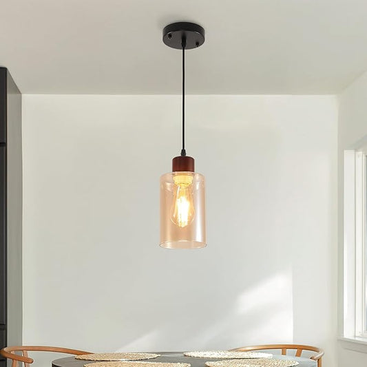Modern Wood Pendant Lighting for Kitchen Island, Farmhouse Pendant Light Fixtures 1 Pack, Adjustable Hanging Ceiling Light with Amber Glass Shade