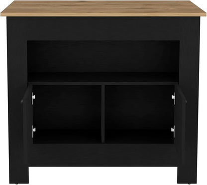 GOWE Floyd Kitchen Island 35" H, Whit 2 Doors, 3 Shelves, Black/Macadamia