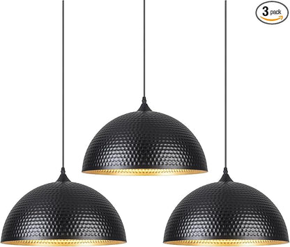 16 inch Black and Gold Pendant Light 3 Packs, Hammered Industrial Large Pendant Lights Kitchen Island, Oversive Black Dome Pendant Light for Kitchen Island, Dining Room, Bar