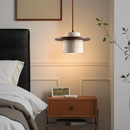 Japanese Wabi sabi Pendant Light with Natural Stone Shade, Dimmable Modern Wood Hanging Lamp Fixture, Adjustable Height Pendant Lamp for Bedroom, Kitchen Island, Dining Room, Restaurant, Cafe, Bar (C)