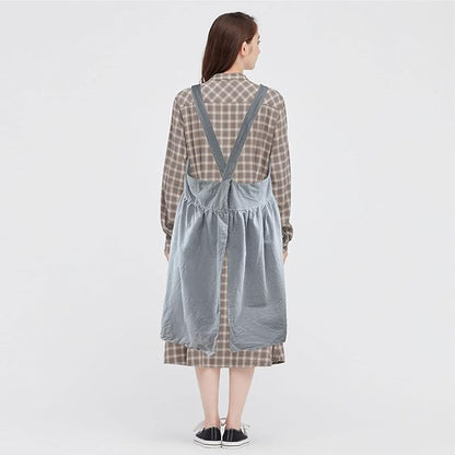Uaussi Cotton Linen Apron Cross Back Work Apron for Women with Pockets Pinafore Dress X Cross Halter Apron for Chef Gardening