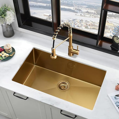 33 Inch Gold Kitchen Sink with Faucet Combo-iAnomla 33x19 Undermount Sinks Stainless Steel Brushed Gold Deep Single Bowl Kitchen Sink and Faucet Combo Set