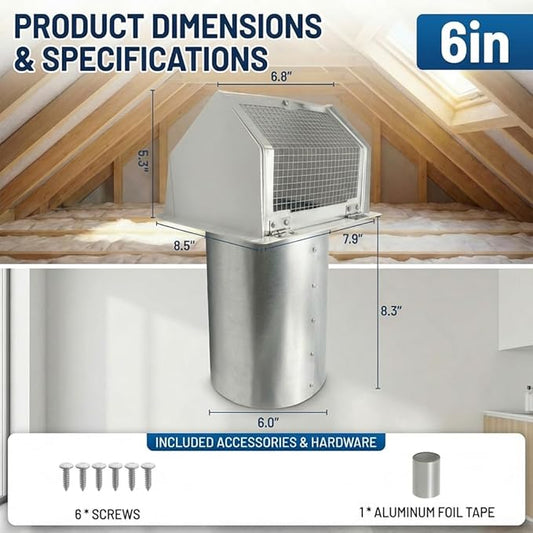 6 Vent Hood Wall Exhaust with Damper 6 Inch Hooded Wall Vent Cover with Screen and Damper, Galvanized Steel Dryer Vent Cover for Range Hood Kitchen Air Ventilation
